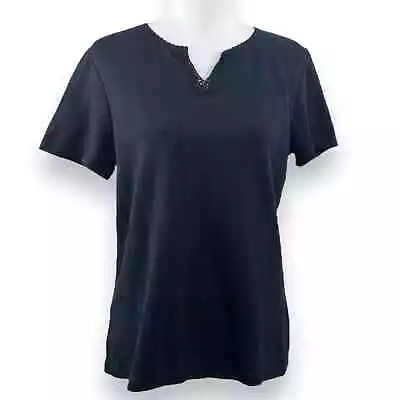 Buy Basic Editions Wmns Split Neck Short Sleeve Ribbed Top Blouse Shirt Size L Black • 9.49£