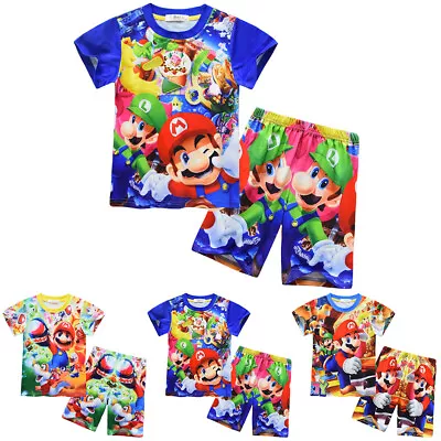 Buy Kids Boys Super Mario Printed Short Sleeve T-Shirt Shorts Outfit Clothes Set • 8.69£