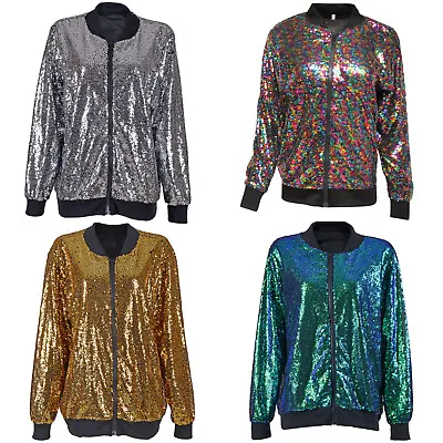 Buy Sequin Bomber Jacket Festival Clubbing Party Disco 70s Jacket Coat Glitter Shiny • 19.97£