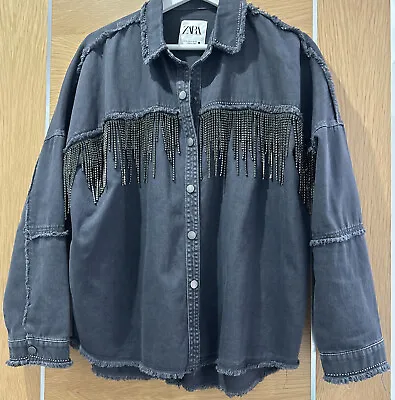 Buy Zara Ladies Dark Grey Denim Sparkle Fringe Western Shacket Jacket Size Xs • 20£