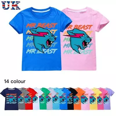Buy Kids Boys Mr Beast Lightning Cat Short Sleeve Cotton T Shirt Casual Tee Tops UK • 8.68£