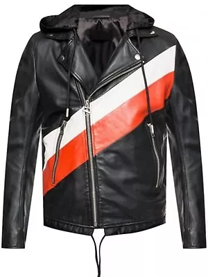 Buy Mens Red And White Stripes Hooded Bomber Motorcycle Biker Genuine Leather Jacket • 89.99£