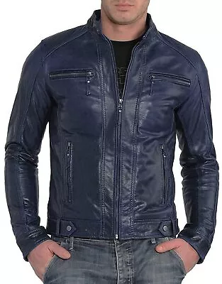 Buy New Mens Leather Jacket Slim Fit Biker Motorcycle Genuine Leather Coat Dark Blue • 118.81£