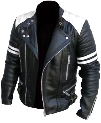 Buy Men’s Vintage Motorcycle Black & White Vintage Brando Real Leather Jacket • 79.99£