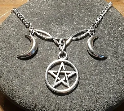 Buy Triple Moon Triquetra Pentagram Goddess Silver Necklace ~ Pagan Wicca Jewellery  • 7.95£