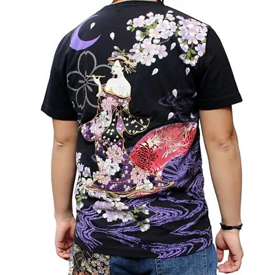 Buy Mens Summer T-Shirt Japanese Pattern Embroidery Ukiyo-e Beauty Fan Sakura Moon • 90£