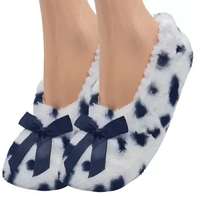Buy Ladies Ballerina Slippers Leopard Design Sherpa Fleece Lined Padded Soles 4-7 • 6.45£