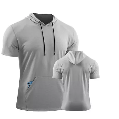 Buy Mens Summer Short Sleeve Hooded Sport T Shirt Sportswear Tops Hoodie Fitness Tee • 10.89£