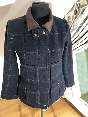Buy Joules Ladies Jacket Field Coat UK12 Blue Check Wool  VGC • 74.95£