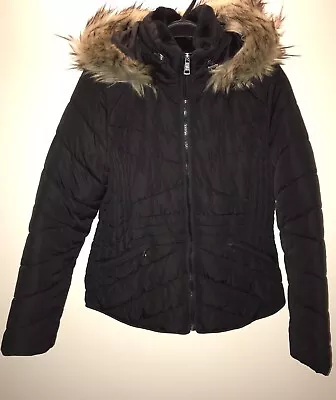 Buy Women's Outerwear Collection Faux Fur Collar Black Puffer Jacket Coat UK Size 10 • 25.95£