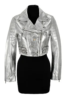 Buy Missy Ladies Cropped Leather Jacket Metallic Silver Napa Short Fashion Jacket • 110£