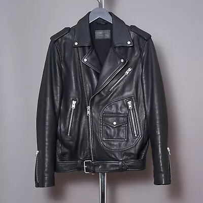 Buy ALL SAINTS Leather Biker Jacket LARGE Mens Black Sample Celebrity Moto Bomber L • 299.99£