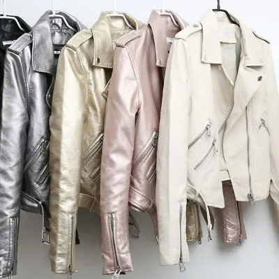 Buy Womens Faux Leather Outwear Casual Coats Ladies Metallic Multicolor Biker Jacket • 45.59£