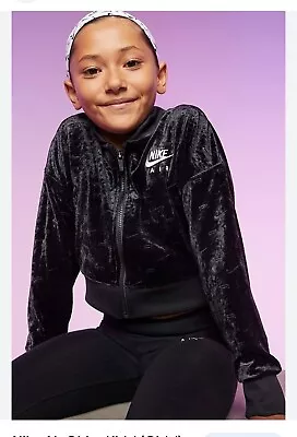 Buy Nike Air Kids/girls/teenage Cropped Black Velvet/velour Bomber Jacket Y2k • 17.50£