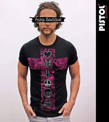 Buy Pistol Boutique Men's Fitted Black Crew Neck PINK ROSE FLOWER LOGO CROSS T-shirt • 22.49£