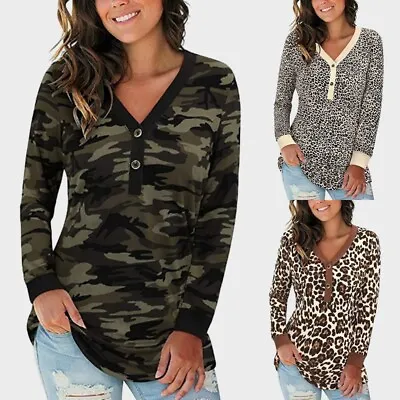 Buy Womens Camo V Neck T Shirt Ladies Leopard Print Long Sleeve Blouse Pullover Tops • 10.59£
