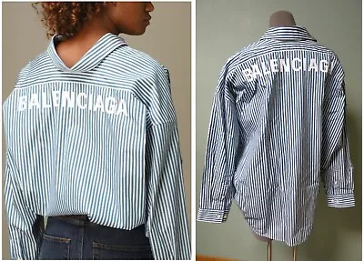 Buy $990 Balenciaga AUTH Logo Back Cocoon Swing Shirt 36 Oversized Striped Poplin • 431.06£