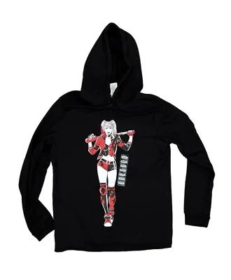 Buy NWT Harley Quinn DC Comic Fleece  Black Long Sleeve Hoodie Sweatshirt Size M • 31.18£