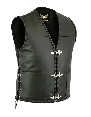Buy Men' Fishhook Buckle Braided Black Real Leather Side Lac Biker Club Waistcoat • 33.96£
