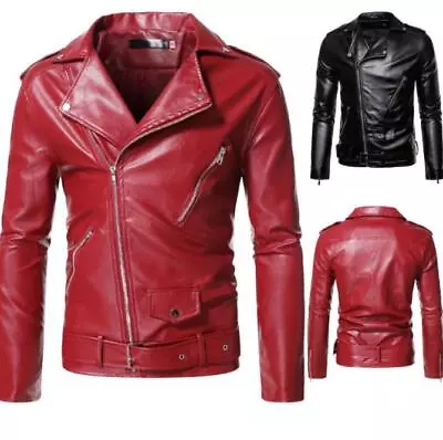 Buy New Men's Faux Leather Jacket Casual Solid Zipper Coat Long Sleeve PU Jackets  • 28.68£