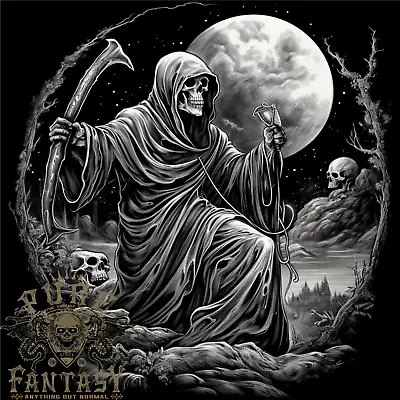 Buy Grim Reaper With A Full Moon And Skulls Mens Cotton T-Shirt Tee Top • 11.74£