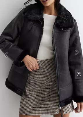 Buy Black Faux Leather Soft Fur Collared Aviator Jacket-zip Pocket Size12 BNWT£65 • 47.99£