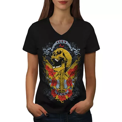 Buy Wellcoda Guns And Roses Skull Womens V-Neck T-shirt, Music Graphic Design Tee • 17.99£