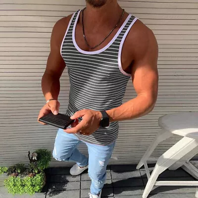 Buy Plus Size Mens Summer Striped Tank Top Gym Running Muscle Sleeveless Vest Shirt • 9.99£