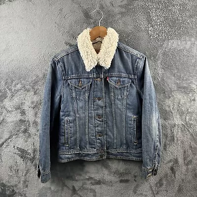 Buy Levis Womens Jacket Medium Denim Soft Sherpa Lined Trucker Pockets Blue • 34.99£