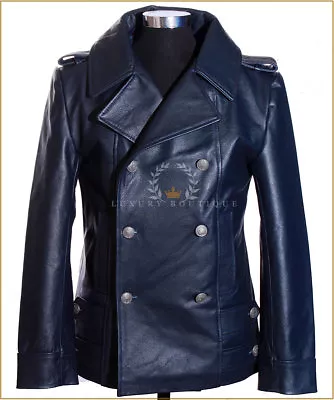 Buy German Naval Navy Blue Men's Military WW2 Real Cowhide Leather Jacket Pea Coat • 169.99£