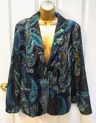 Buy Chico's Boho Gypsy Paisley Turquoise Velvet 2 Pockets Sz 2 M/L Jacket Blazer • 23.06£