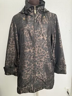 Buy Ellen Tracy PL Rain Jacket Dark Brown Leopard Print With Zipper Detachable Hood • 33.63£