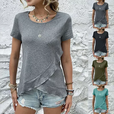 Buy Womens Short Sleeve Ruffle Tunic Tops Ladies Summer Loose T Shirt Blouse Size 14 • 11.39£