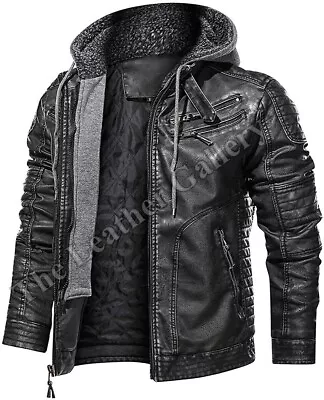 Buy Mens Black Distressed Hoodie Motorcycle Biker Real Leather Jacket Removable Hood • 89.99£