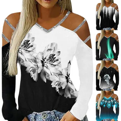 Buy Womens Cold Shoulder Sequin T-shirt Blouse Ladies Casual Long Sleeve Party Tops • 1.89£