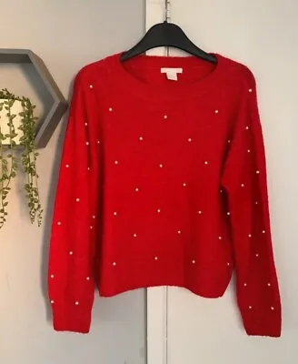 Buy H&M XS Red Jumper Faux Peal Bead Detail • 9.99£