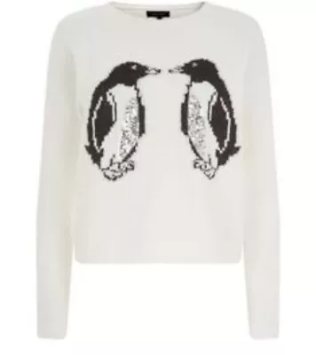 Buy Adorable Soft White Chenille Sparkly Sequin Kissing Penguins Christmas Jumper 14 • 8£