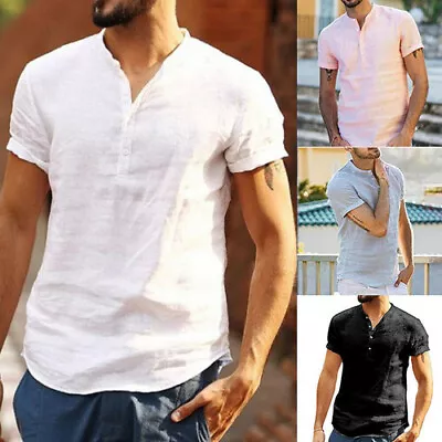 Buy Cotton Linen Men's Short-Sleeved Shirts Summer Solid Color Turn-down Collar • 7.88£