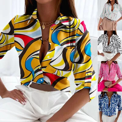 Buy Ladies Office Long Sleeve T Shirt Print Button Blouse Casual Work Tops Holiday • 5.93£