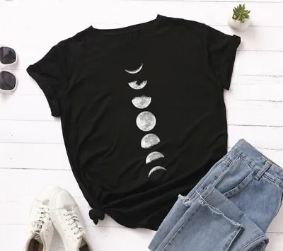 Buy MOON PHASES T-Shirt Womens Black Boho Yoga Meditation Graphic Tee Shirt NEW • 20.25£