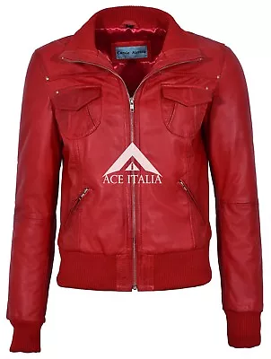 Buy FUSION Ladies Red WASHED Short Bomber Biker Motorcycle Style Leather Jacket 3758 • 95.80£