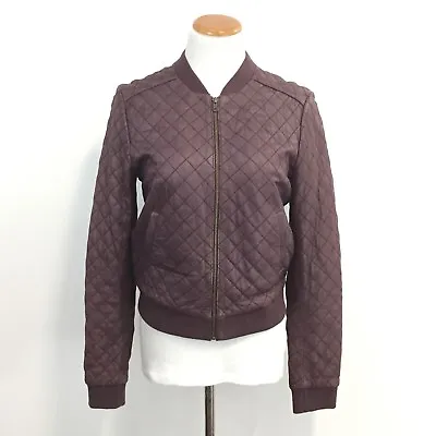 Buy Halogen Women Sz M Quilted Leather Bomber Jacket Burgundy Supple Feel Great Look • 75.77£