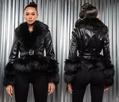 Buy Winter Womens Thicken Warm Crocodile Print Faux Fur Leather Belted Jacket • 132.29£