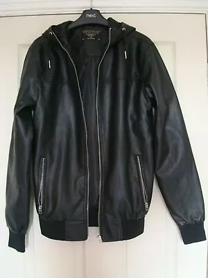 Buy Mens Black Bomber Jacket With Zip Zipper Hooded Faux Leather Effect Biker Winter • 35£