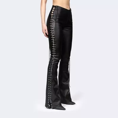 Buy Punk Black Pant Soft Handmade Genuine Leather Lace Up Pant Trouser Gothic Straps • 127.88£