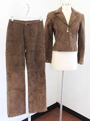 Buy St John Collection Brown Sparkly Pig Suede Leather Jacket & Pants Set Size 2 • 236.24£