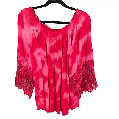 Buy Studio West Apparel Blouse Womens Plus Size 2X Red Tie Dye Boho Crochet Rayon • 23.16£