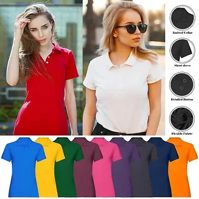 Buy Womens Plain Polo T-Shirt Ladies Short Sleeve Regular Fit Collar Casual T-Shirt • 6.29£