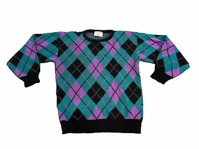 Buy College Point Women’s Sz Medium Knit Sweater Vtg Diamond Teal Purple Black • 20.83£
