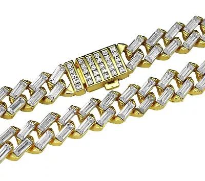 Buy Mens 12mm Iced Baguette CZ Square Miami Cuban Link 14k Gold Plated Necklace • 8.99£